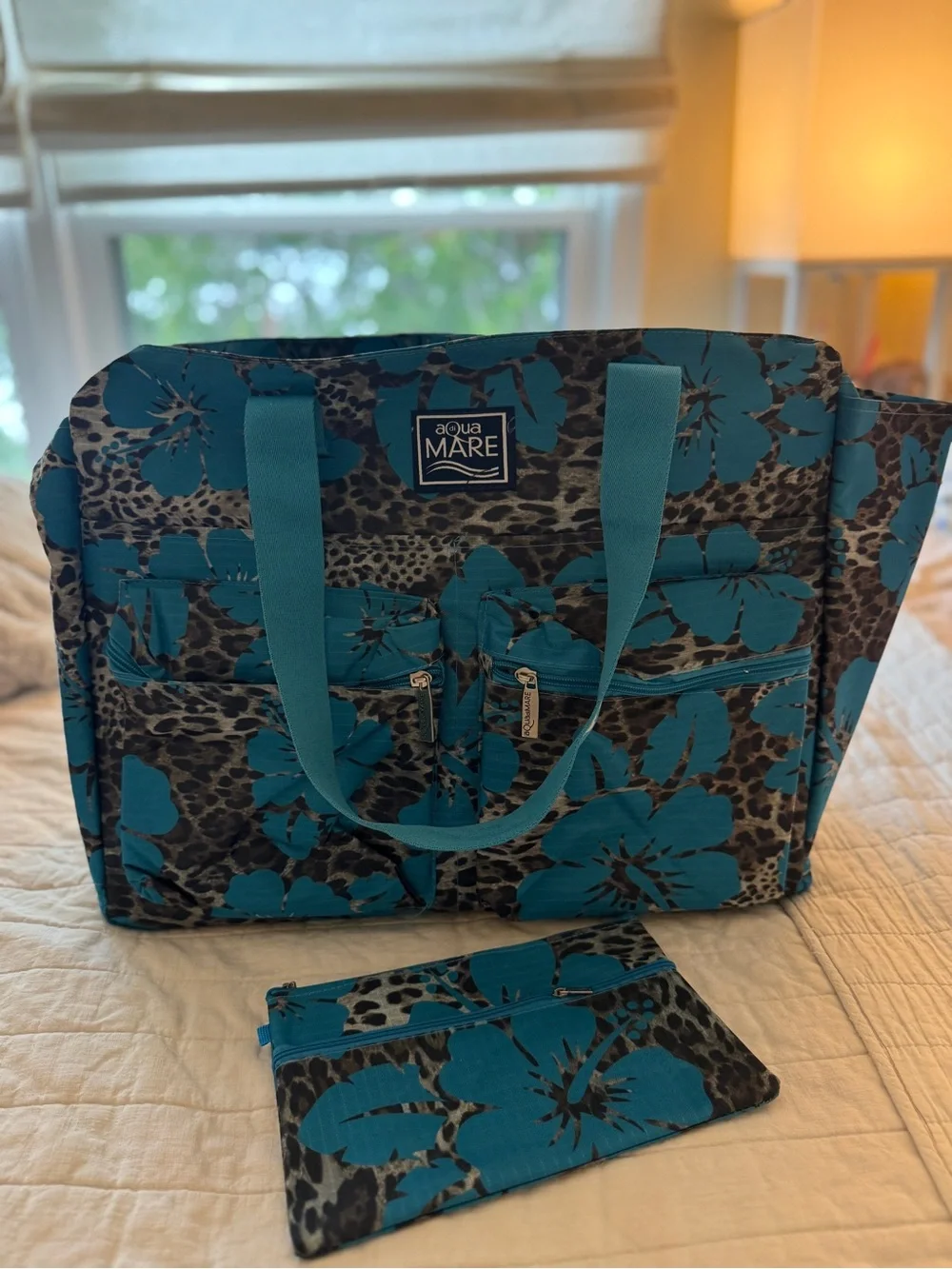 Teal Floral Tote with Matching Pouch